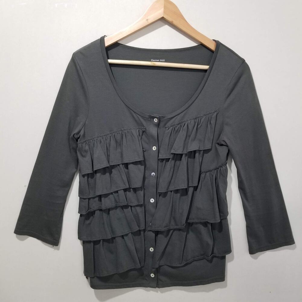 Garnet Hill Top Womens XS Gray Ruffle Cardigan Button Front Pima Cotton